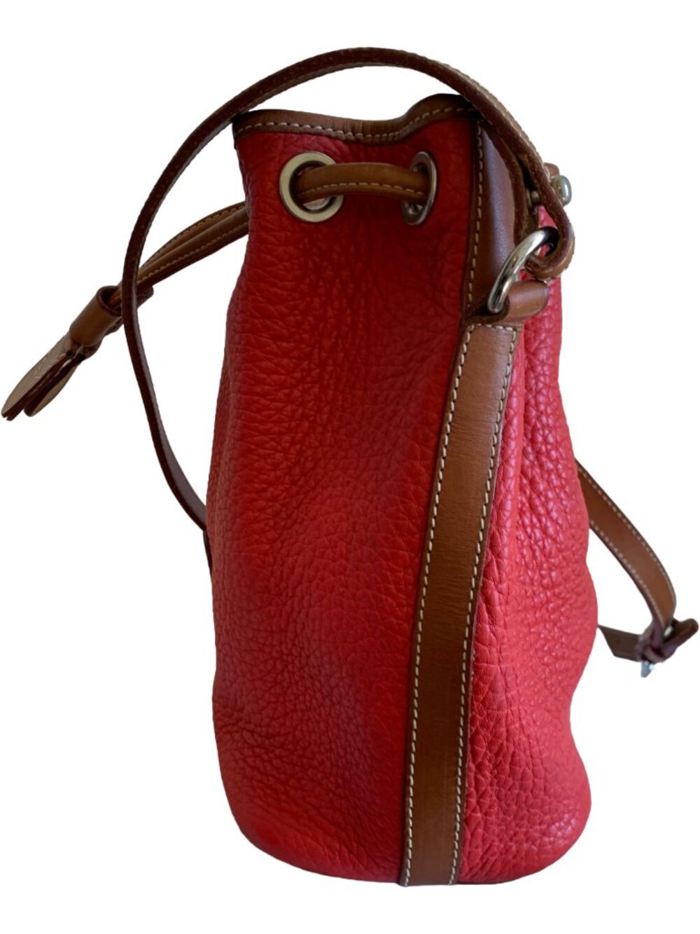 DOONEY & BOURKE Vintage Red & Tan Small Drawstring Bucket Pebbled Leather Bag - Picture 4 of 11